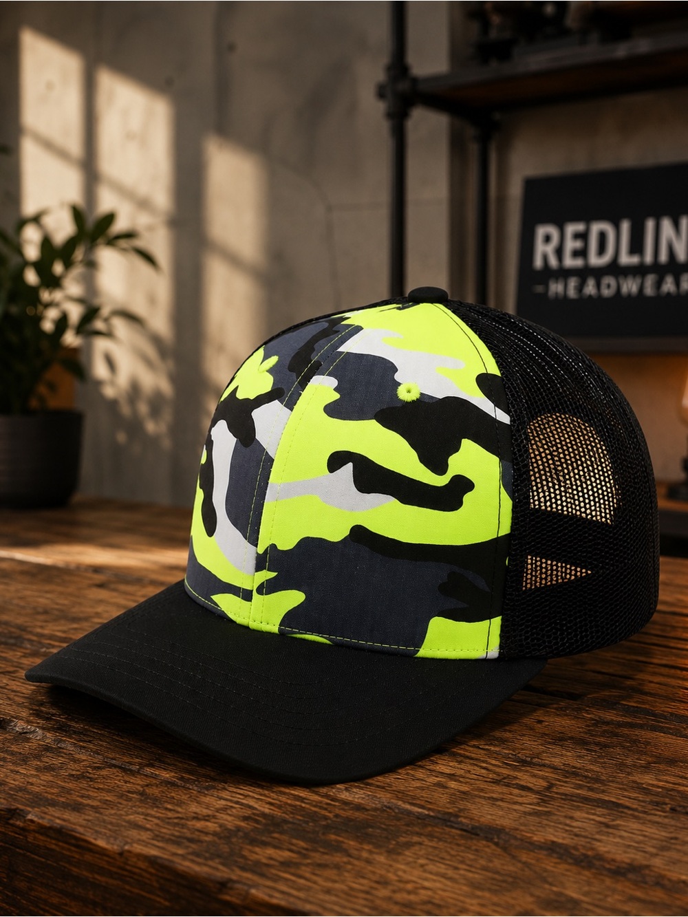Trucker Hat Neon Green Camo Mid Profile Mesh Snapback Cap